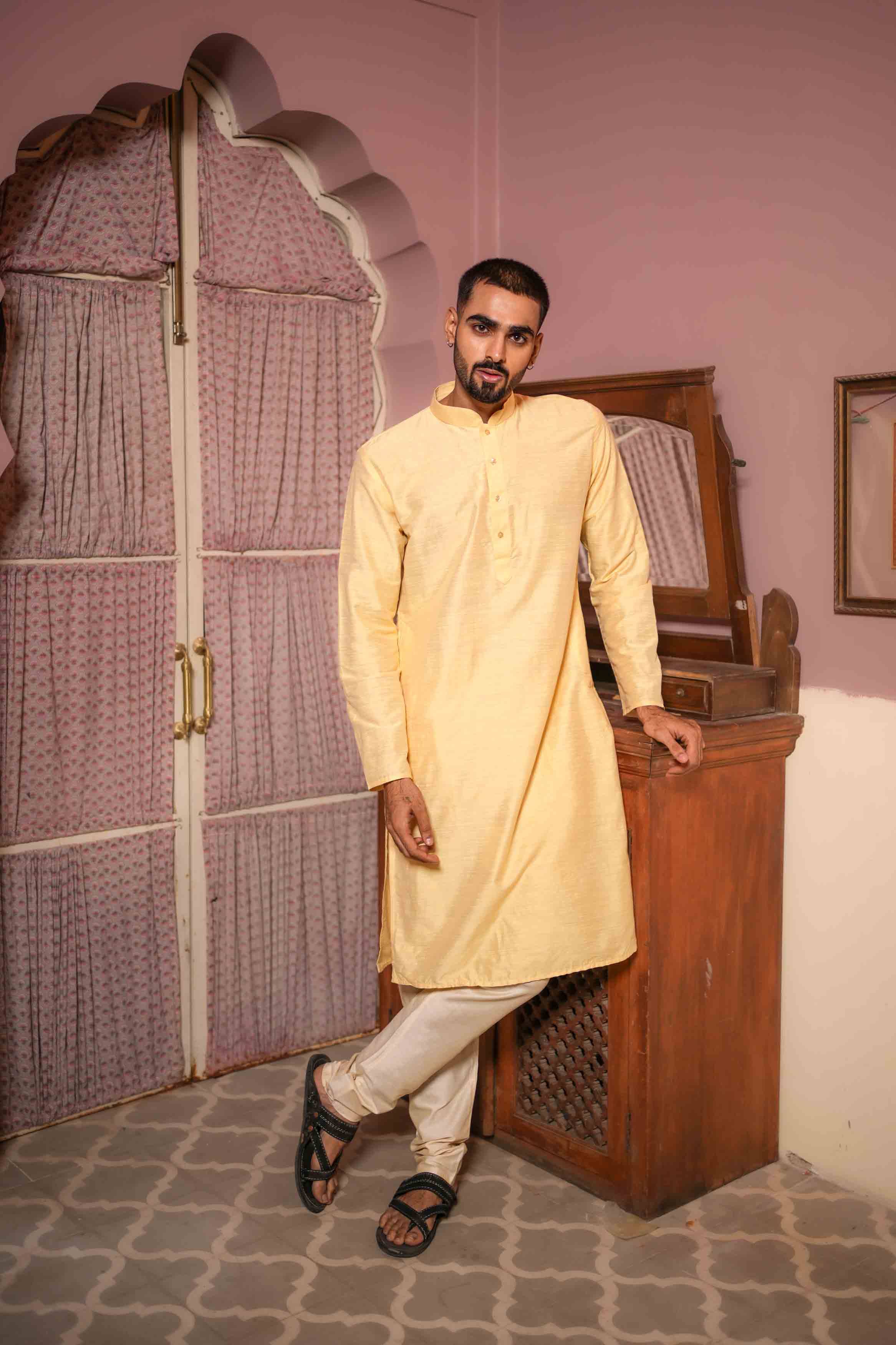 Light Yellow Viscose Blended Solid Kurta